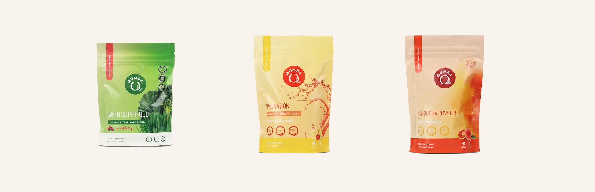 Qumba new product packaging — Green Superfood, Hydration, Kombucha Powder